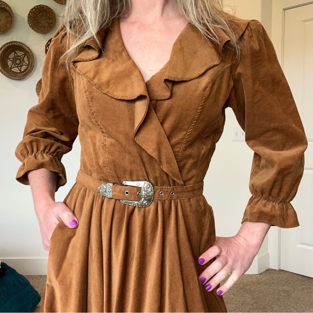 Vintage 70s Pincord Western Prairie Ruffle Maxi Dress